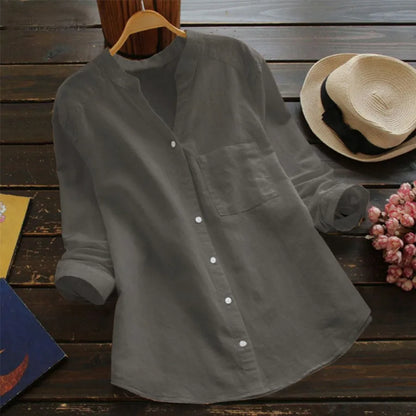 Effortless Linen Shirt for Women with Stand Collar Long Sleeve Button Front Relaxed Style