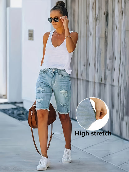 Stylish Denim Shorts for Women with High Waist Ripped Raw Hem Fringe Slim Fit Casual Style