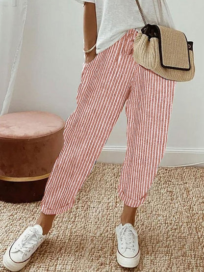 Effortless Linen Tapered Pants for Women with High Waist Drawstring Relaxed Cuffed Hem Casual Style
