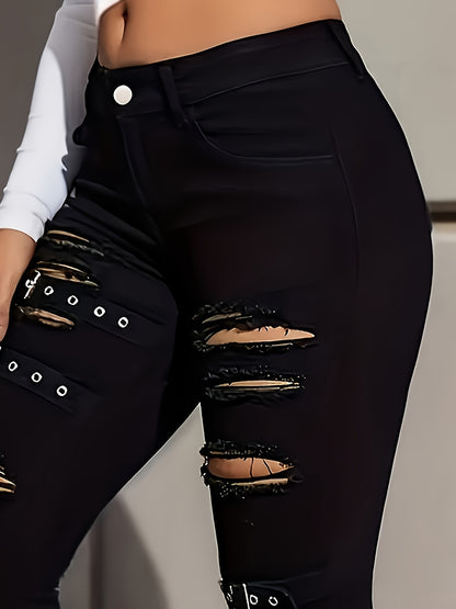 Stylish Black Distressed Flare Jeans for Women with Buckle Strap Ripped Relaxed Style