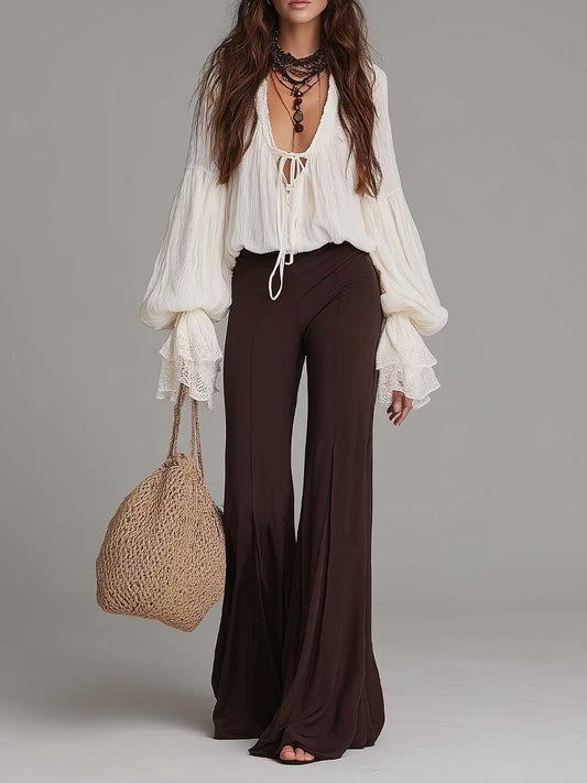Effortless Two Piece Set for Women with Lace Up Blouse Wide Leg Flare Pants Boho Style