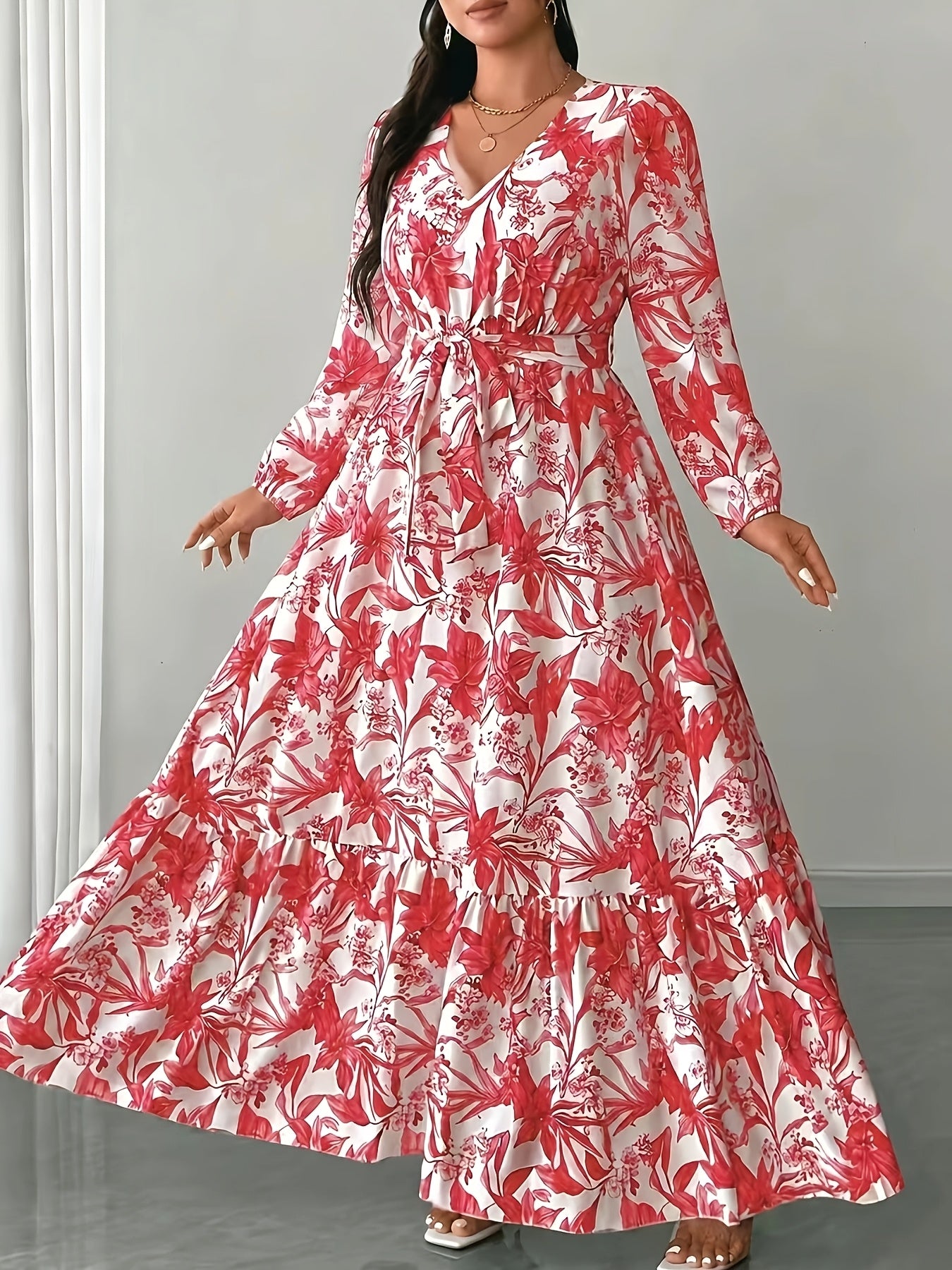 Elegant Floral Long Sleeve Maxi Dress for Women with V Neck Wrap Tie Waist Ruffle Hem Bohemian Style