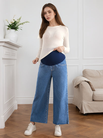 Effortless Blue Denim Maternity Jeans for Women with Wide Leg Belly Band Relaxed Casual Style