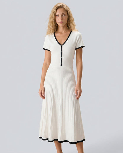 Chic White Sweater Dress for Women with V Neck Short Sleeve Ribbed Knit Pleated Midi Style