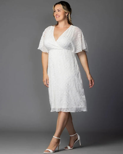 Chic White Cocktail Dress for Women with V Neck Flutter Sleeve Eyelet Fit and Flare Midi Party Style