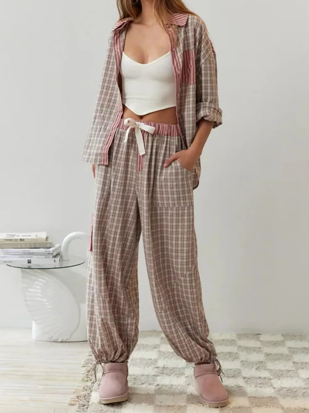 Effortless Striped Plaid Pajama Set for Women with Collar Long Sleeve Wide Leg Two Piece Style