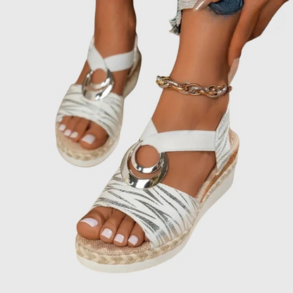 Comfortable Orthopedic Sandals for Women with T-Strap Elastic Band Espadrille Platform Metal Ring Open Toe Style