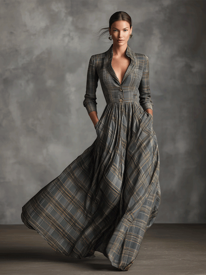 Elegant Tartan Plaid Maxi Dress for Women with Lapel V Neck Button Front Elbow Sleeve Flared Casual Style