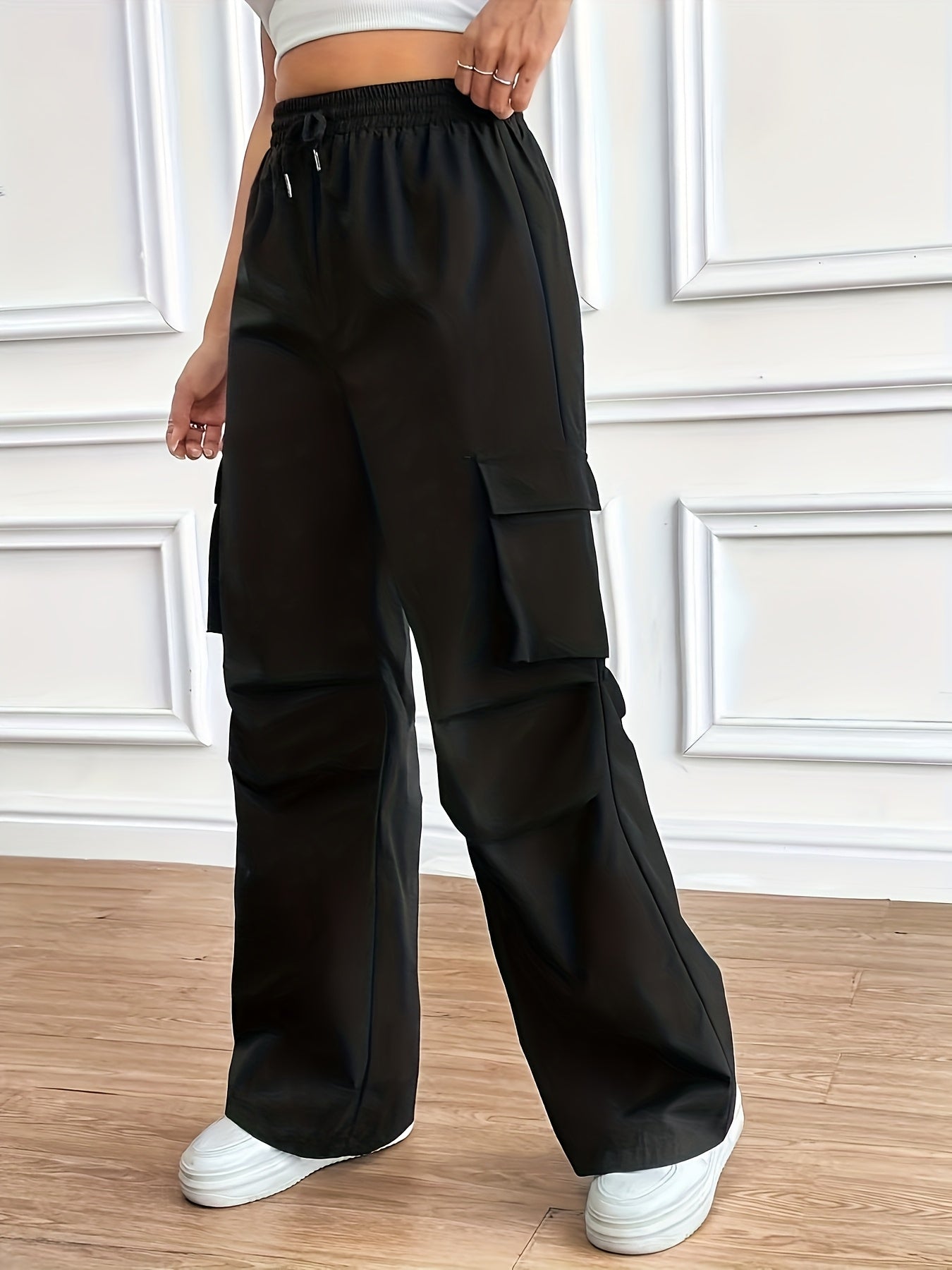 Effortless Black Cargo Pants for Women with High Waist Drawstring Wide Leg Relaxed Style