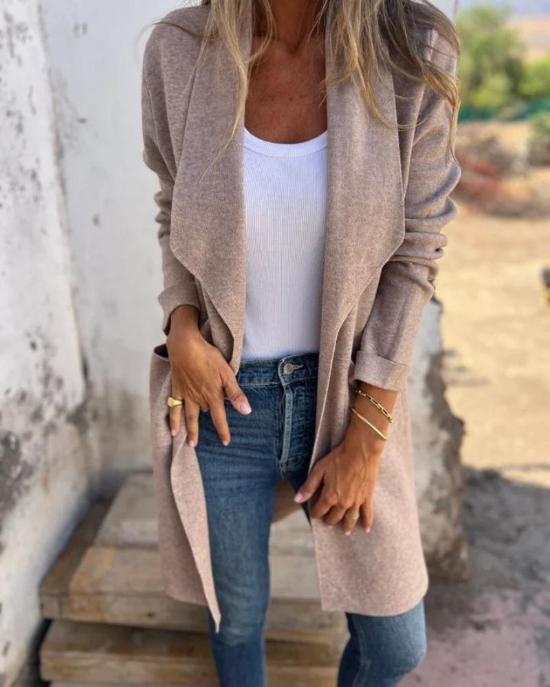 Effortless Fleece Jacket for Women with Waterfall Collar Long Sleeve Open Front Longline Style