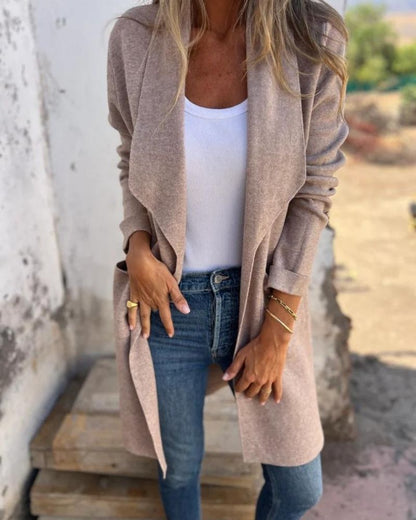 Effortless Fleece Jacket for Women with Waterfall Collar Long Sleeve Open Front Longline Style