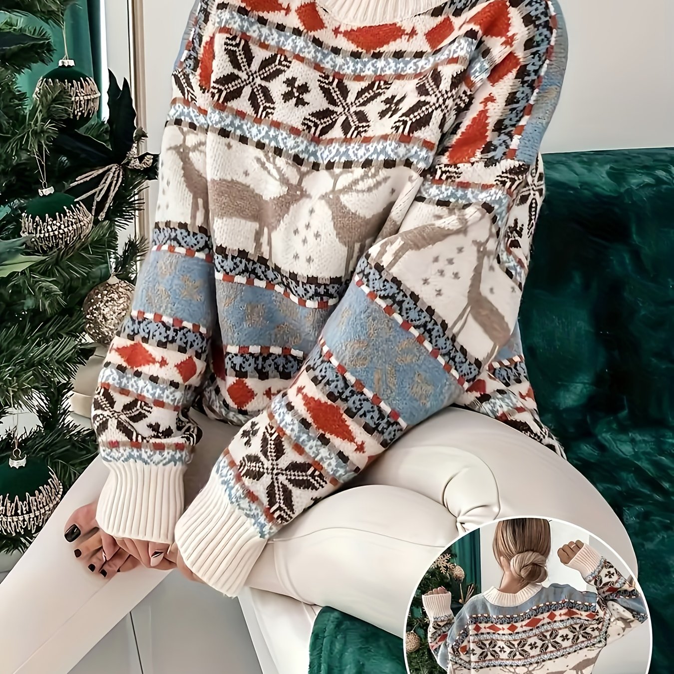 Comfortable White Reindeer Fair Isle Women's Christmas Sweater with Crew Neck Long Sleeve Oversized Knit Style