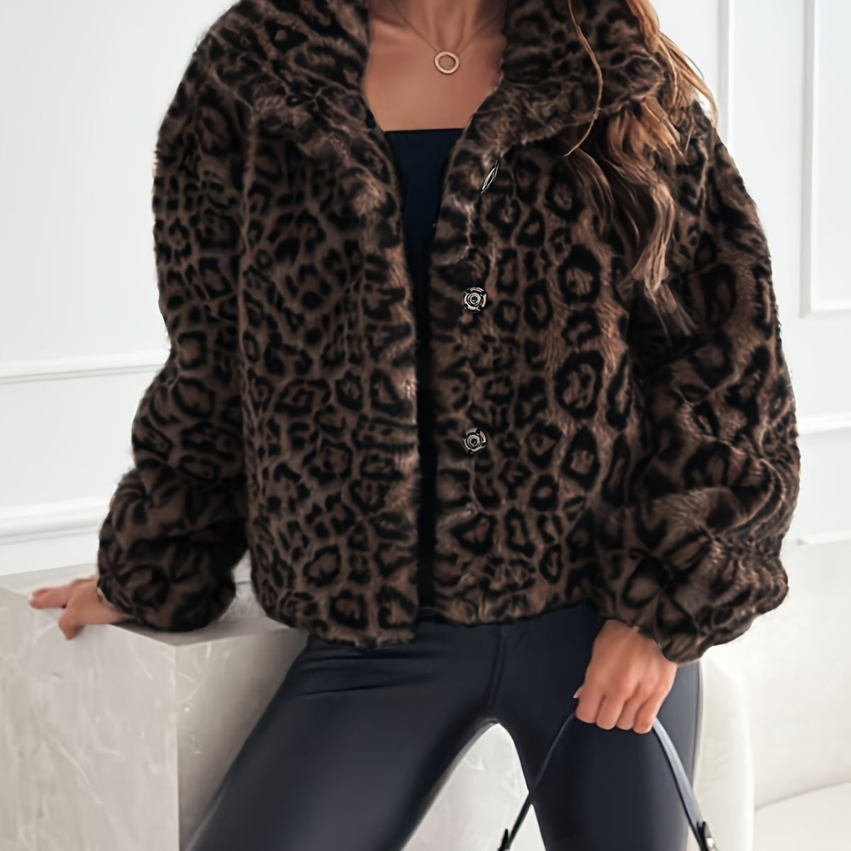 Cozy Leopard Print Flurry Coat for Women with Faux Fur Collar Long Sleeve Plush Warm Winter Style