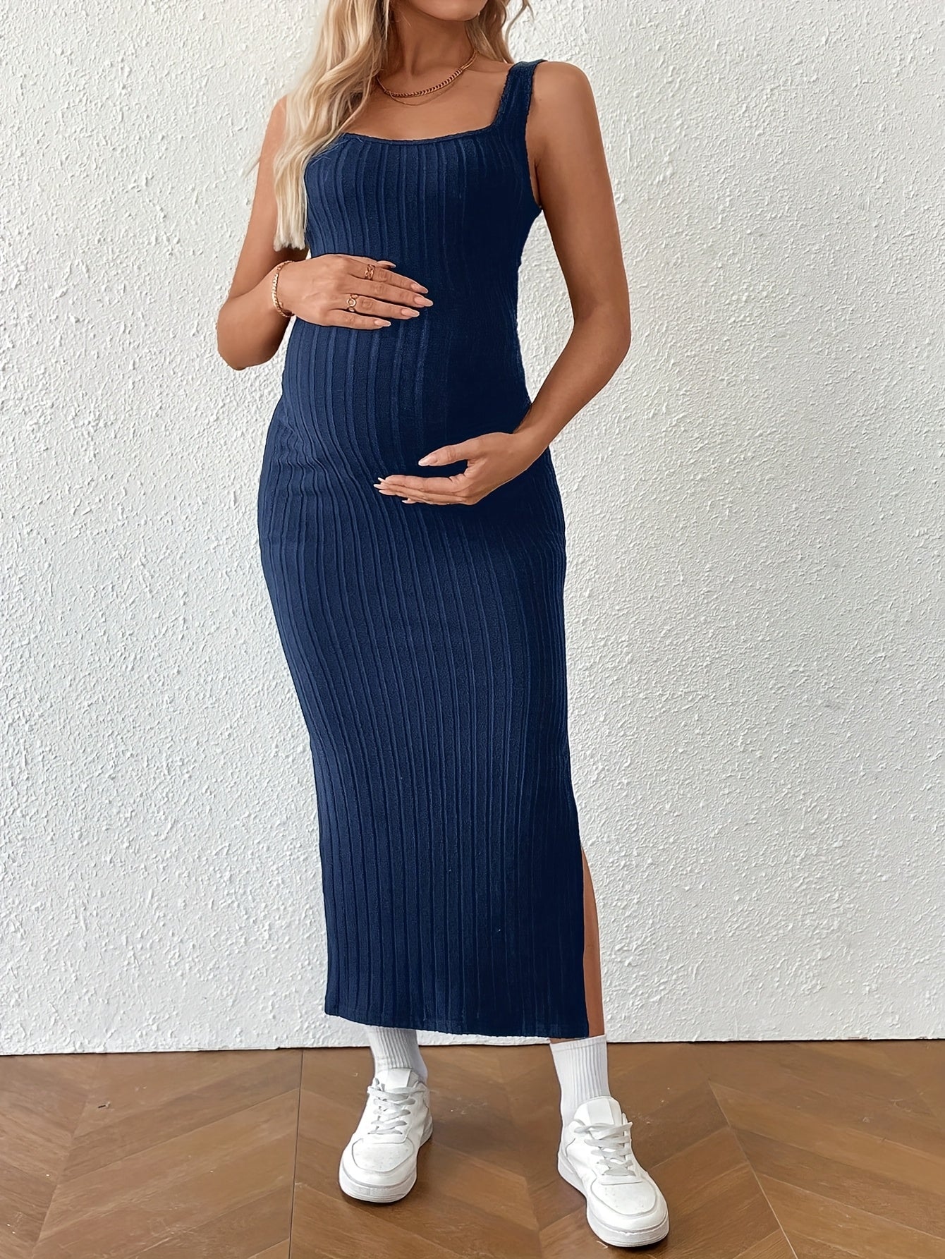 Elegant Ribbed Knit Maternity Maxi Dress for Women with Square Neck Sleeveless Crisscross Back Bodycon Style