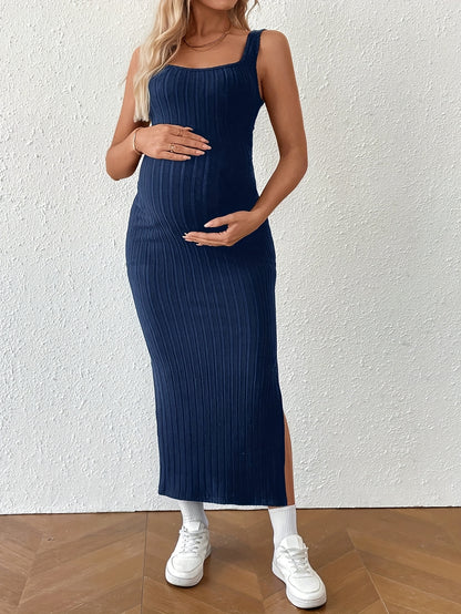 Elegant Ribbed Knit Maternity Maxi Dress for Women with Square Neck Sleeveless Crisscross Back Bodycon Style