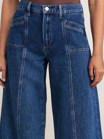 Effortless Blue Denim High Waisted Jeans for Women with Wide Leg Pintuck Seam Relaxed Style