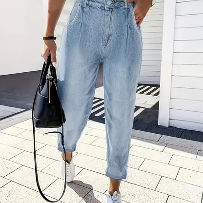 Effortless Light Blue Denim Mom Jeans for Women with High Waisted Pleated Tapered Cuffed Relaxed Style