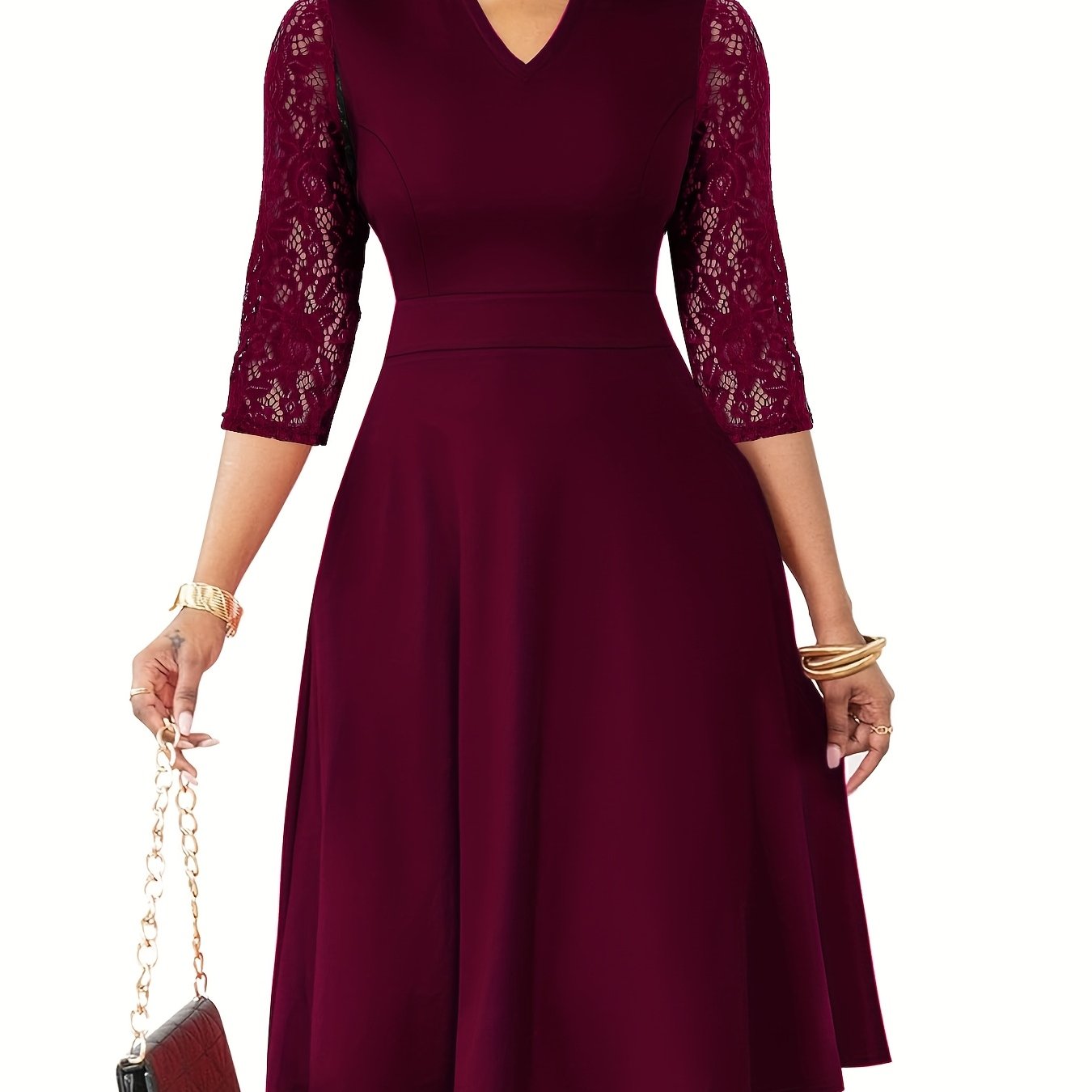 Elegant Lace Christmas Party Dress for Women with Notched Neck Three Quarter Sleeve Fit Flare Cocktail Style