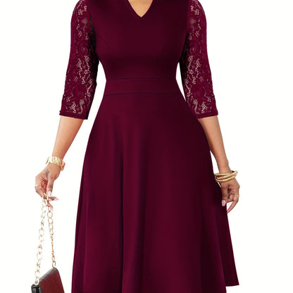 Elegant Lace Christmas Party Dress for Women with Notched Neck Three Quarter Sleeve Fit Flare Cocktail Style