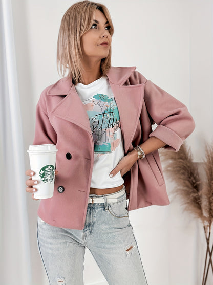 Effortless Pink Pea Coat for Women with Notched Lapel Long Sleeve Double Breasted Cropped Casual Style