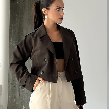 Elegant Coffee Brown Pea Coat for Women with Notched Lapel Long Sleeve Double Breasted Cropped Style