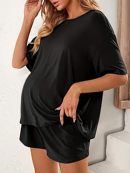 Comfortable Maternity Two Piece Set for Women with Round Neck Short Sleeve Oversized Relaxed Style