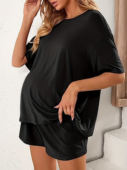 Comfortable Maternity Two Piece Set for Women with Round Neck Short Sleeve Oversized Relaxed Style