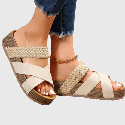 Comfortable Orthopedic Sandals for Women with Woven Crossover Strap Platform Open Toe Slip On Casual Style