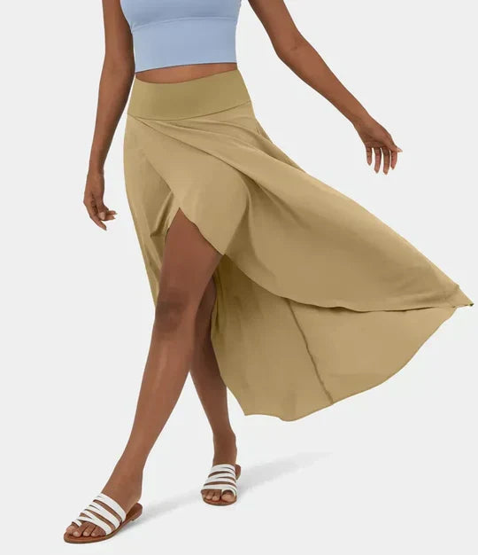 Effortless Wrap Maxi Skirt for Women with High Waist Asymmetrical Hem Slit Flowing Style