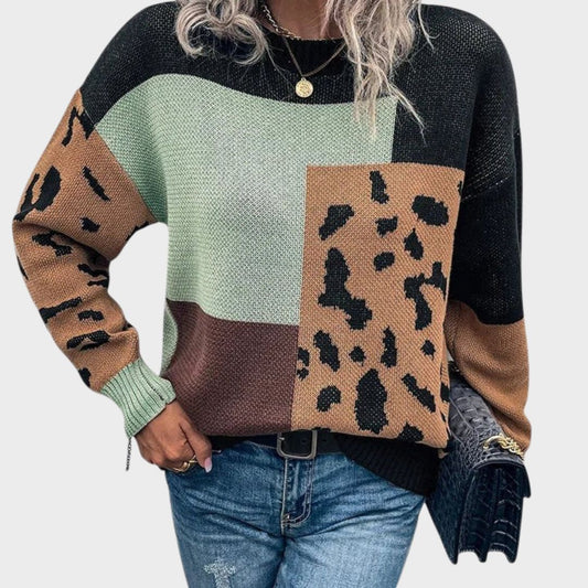 Comfortable Leopard Print Colorblock Sweater for Women with Crew Neck Long Sleeve Oversized Knit Style