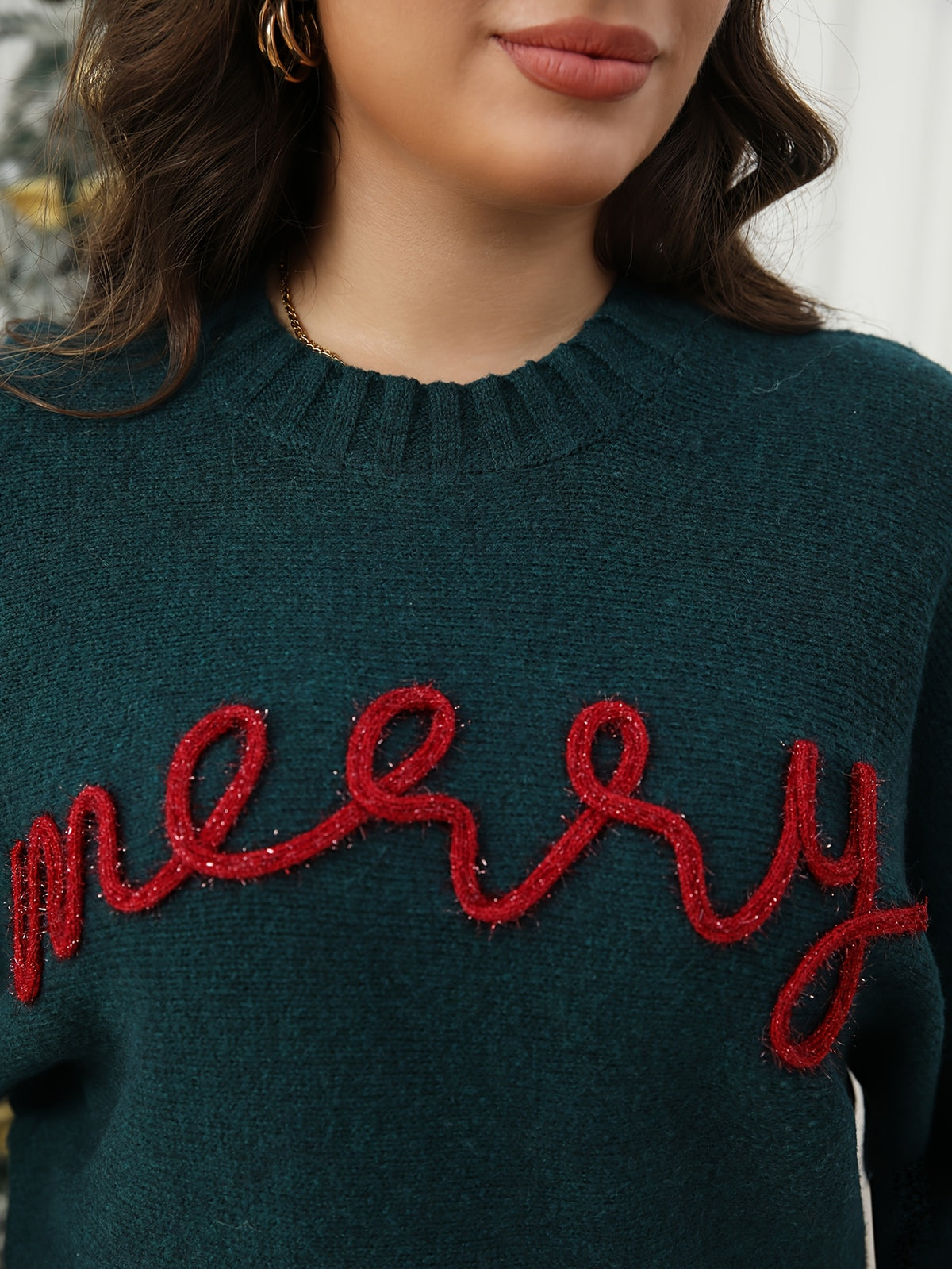 Cozy Green Merry Letter Christmas Tacky Sweater for Women with Crew Neck Long Sleeve Knit Pullover Holiday Style