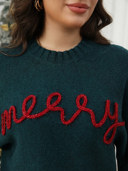 Cozy Green Merry Letter Christmas Tacky Sweater for Women with Crew Neck Long Sleeve Knit Pullover Holiday Style