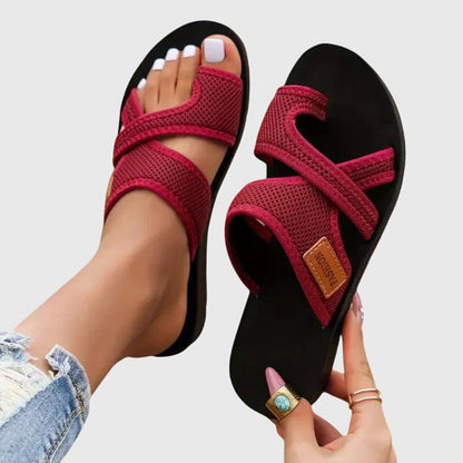Comfortable Orthopedic Sandals for Women with Crossover Mesh Strap Flat Open Toe Slip On Casual Style