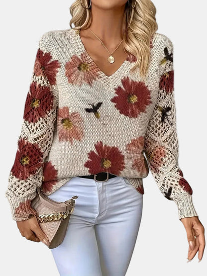 Comfortable Floral Crochet Sweater for Women with V Neck Long Sleeve Oversized Knit Style