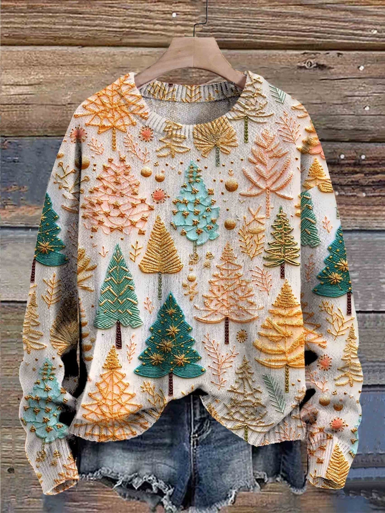 Comfortable Christmas Tree Embroidered Crewneck Sweater for Women with Long Sleeve Relaxed Oversized Knit Style