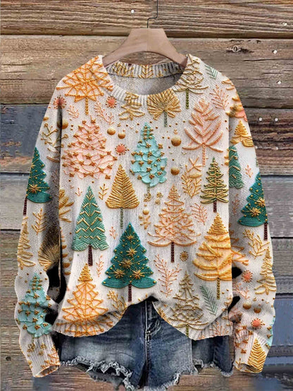 Comfortable Christmas Tree Embroidered Crewneck Sweater for Women with Long Sleeve Relaxed Oversized Knit Style