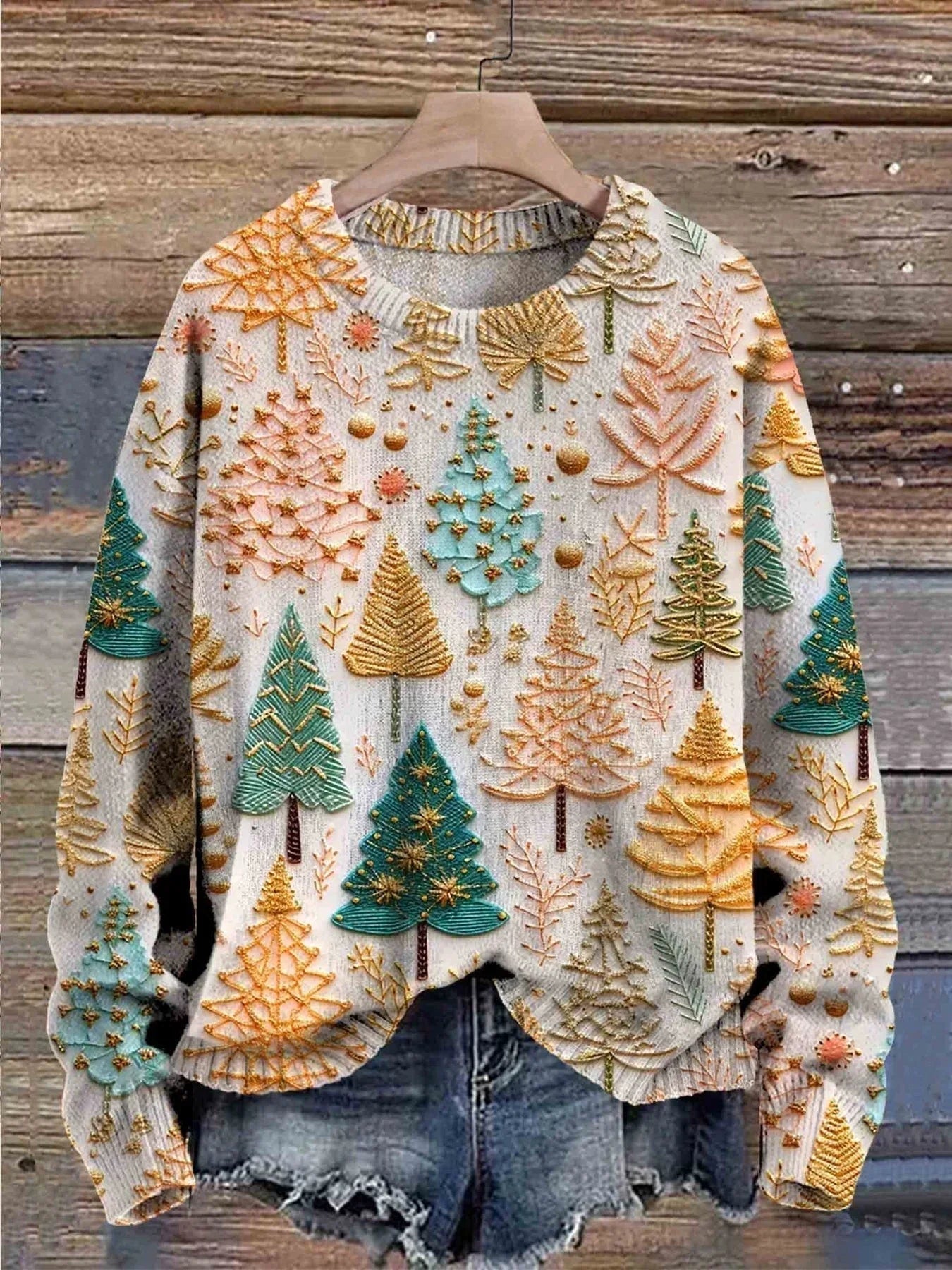 Cozy Embroidered Tree Print Women's Xmas Sweater with Crew Neck Long Sleeve Relaxed Knit Style
