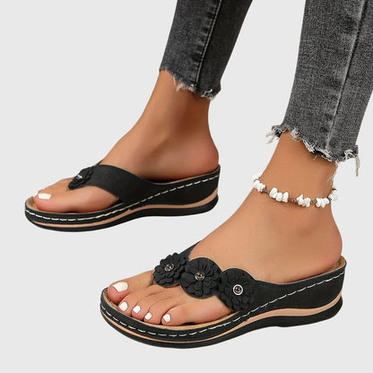 Comfortable Orthopedic Flip Flops for Women with Flower Detail Toe Loop Wedge Platform Casual Sandal Style