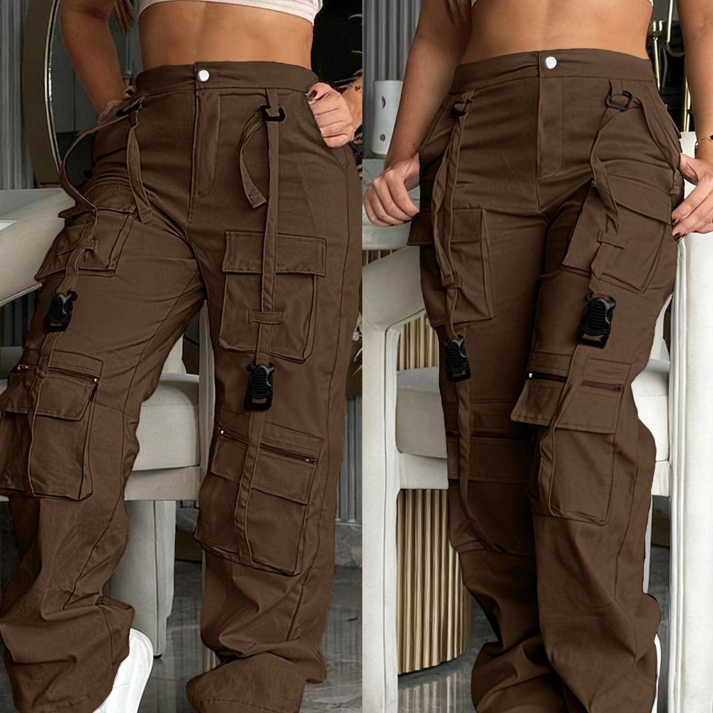 Effortless Cargo Pants for Women with High Waist Multi Pocket Wide Leg Utility Style