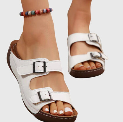 Comfortable Orthopedic Sandals for Women with Double Buckle Strap Cork Wedge Open Toe Slip On Casual Style