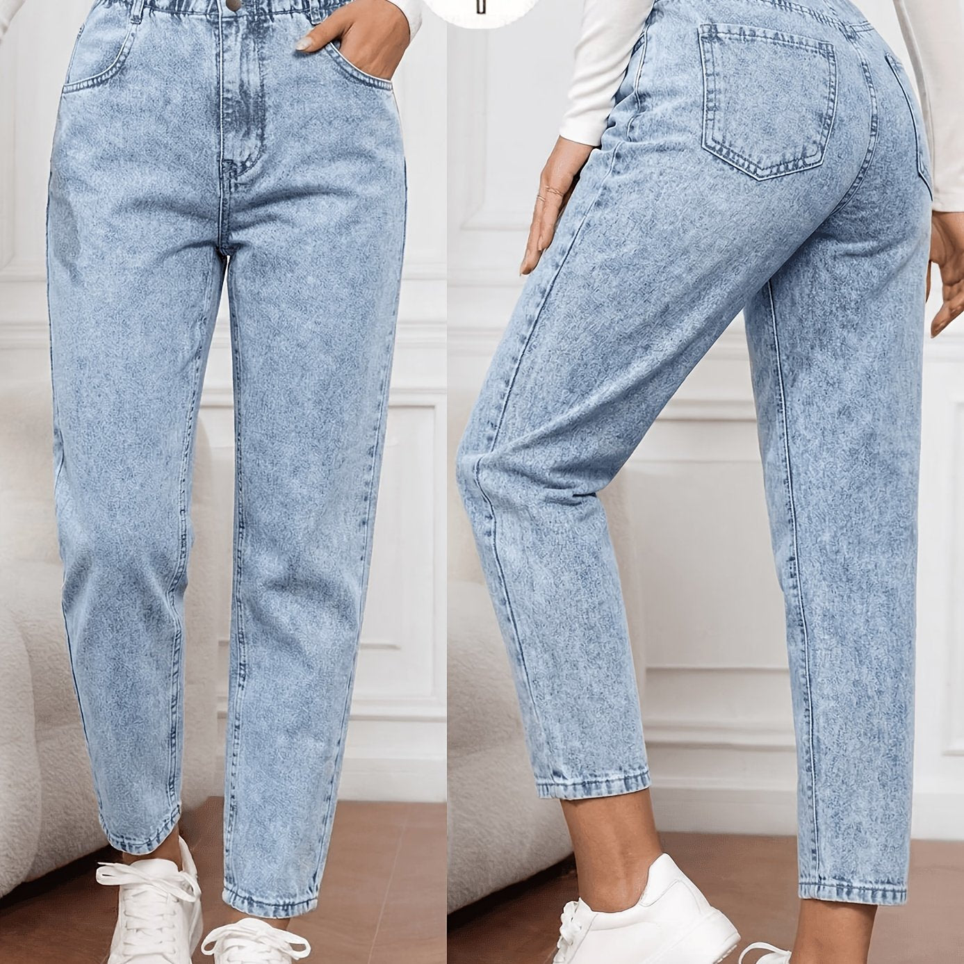 Effortless Blue Acid Wash Mom Jeans for Women with Paperbag Waist Button Front Tapered Relaxed Style