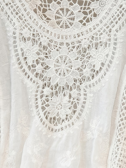 Effortless Cream Poncho Shirt for Women with Crochet Lace Fringe Hem Draped Style