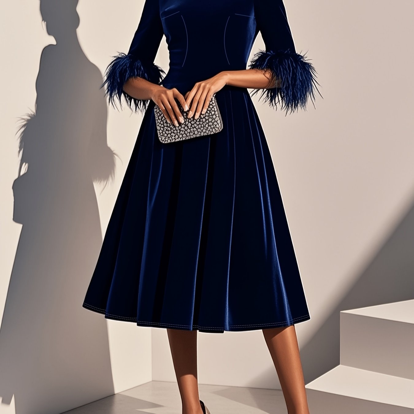 Elegant Velvet Semi Formal Dress for Women with Round Neck Feather Trim Sleeve Fit and Flare Midi Party Style