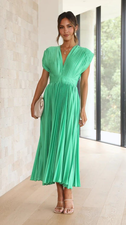 Elegant Pleated Midi Dress for Women with Deep V Neck Formal Wedding Guest Style