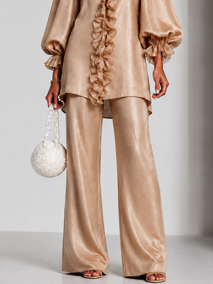 Elegant Champagne Satin Two Piece Set for Women with V Neck Ruffle Trim Lantern Sleeve Flare Pants Style