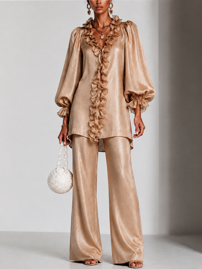Elegant Champagne Satin Two Piece Set for Women with V Neck Ruffle Trim Lantern Sleeve Flare Pants Style