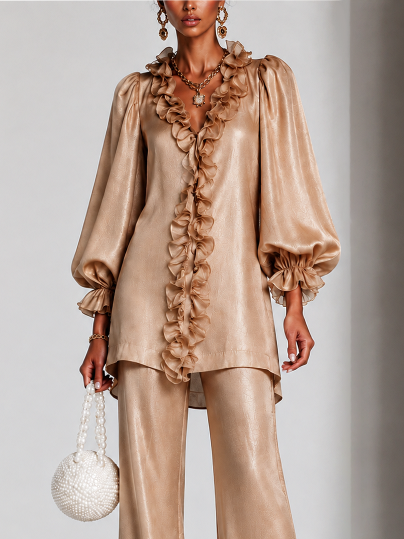 Elegant Champagne Satin Two Piece Set for Women with V Neck Ruffle Trim Lantern Sleeve Flare Pants Style