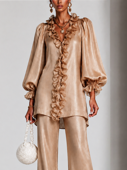 Elegant Champagne Satin Two Piece Set for Women with V Neck Ruffle Trim Lantern Sleeve Flare Pants Style