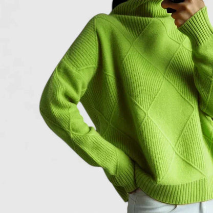 Comfortable Diamond Quilted Sweatshirt for Women with Turtleneck Long Sleeve Relaxed Oversized Knit Style