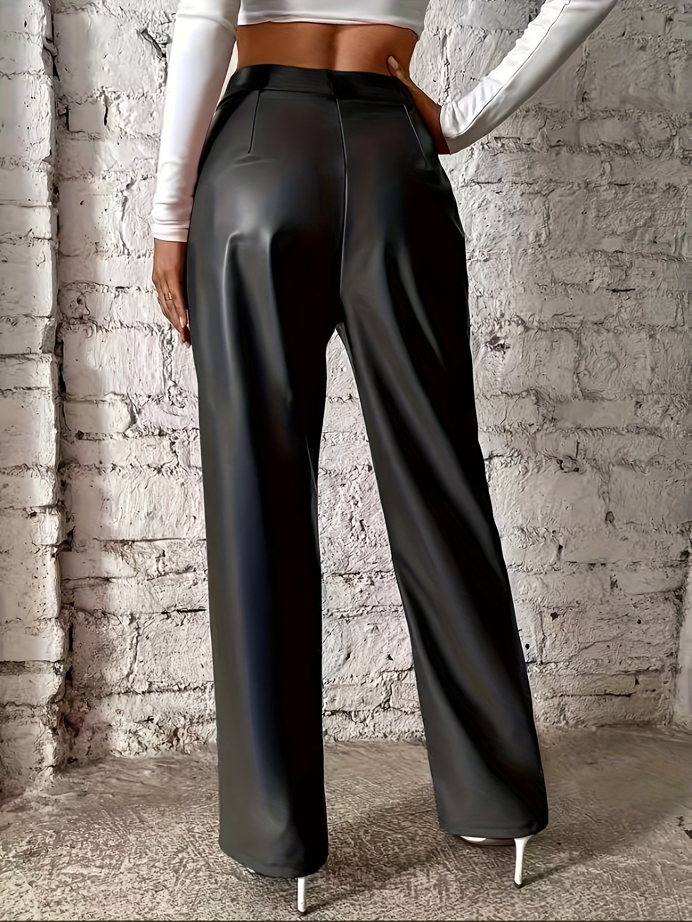 Elegant Black Faux Leather Slacks for Women with High Waist Pintuck Wide Leg Relaxed Style